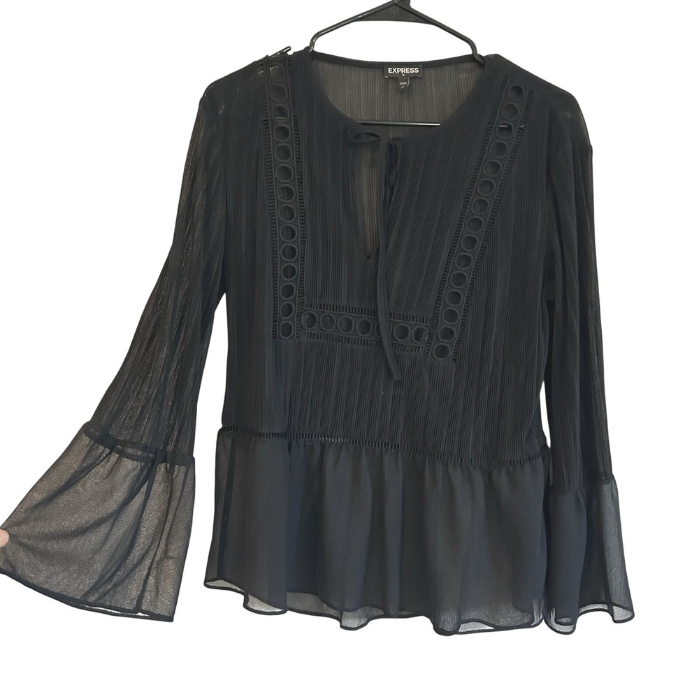 Express Black Blouse Sz S Whimsigoth Dark Romantic Flare Bell Sleeve Sheer